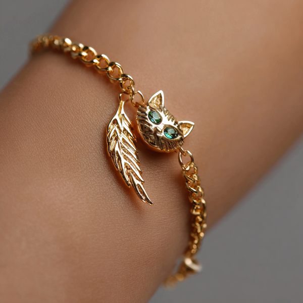 Thaya Lux Gold Cat &Feather Bracelet