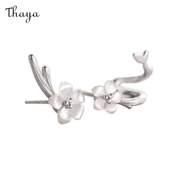 Boucles d'oreilles manchette fleurs de cerisier blanches en argent 925 Thaya