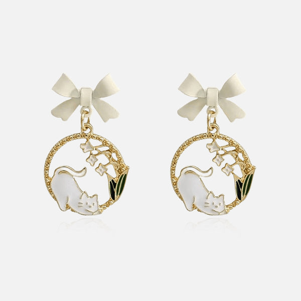 Thaya Cat and Floral Circle Earrings
