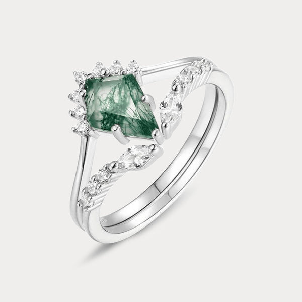 Thaya S925 Silver Green Moss Agate Ring Set