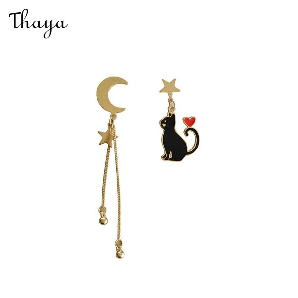 Thaya Asymmetric Star & Moon Playful Cat Earrings