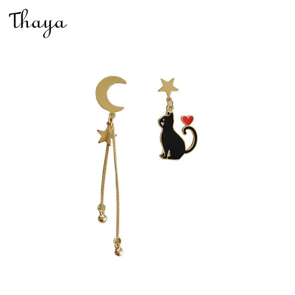 Boucles d'Oreilles Asymétriques Étoile &amp; Lune Chat Ludique Thaya