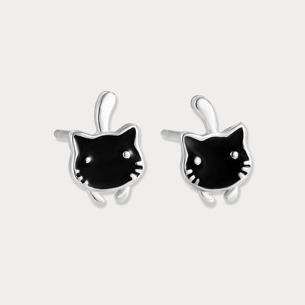 Thaya 925 Silver Drop Glaze Black Cat Earrings