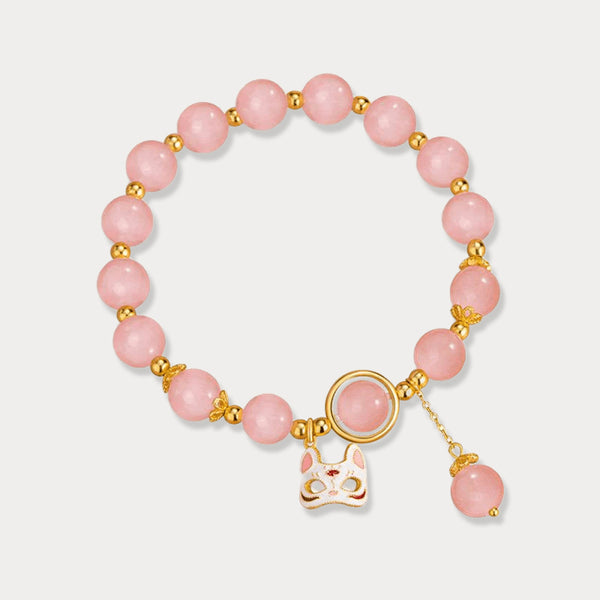 Bracelet en pierre œil de chat rose avec masque de petit renard de Thaya