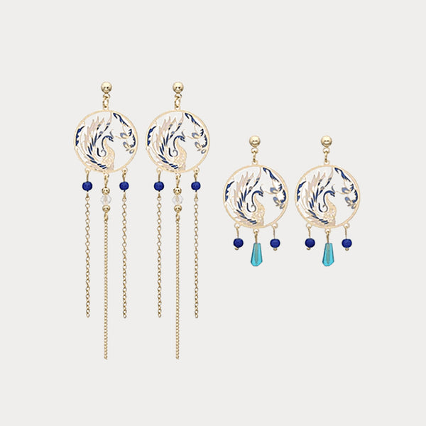 Thaya Boucles d'Oreilles Clips d'Oreilles à Pampille Rétro Phénix Coloré Bleu
