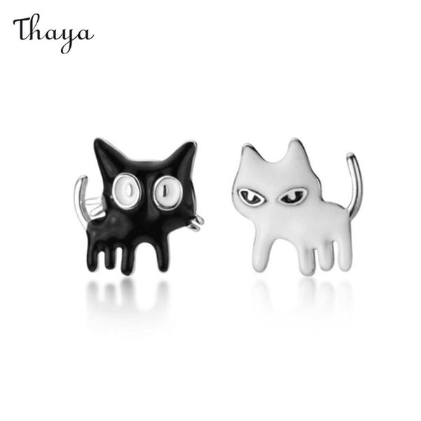 Thaya 925 Silver Black+ White Cat Earrings