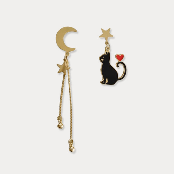 Boucles d'Oreilles Asymétriques Étoile &amp; Lune Chat Ludique Thaya
