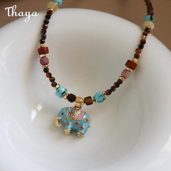 Thaya Elephant Tiger Eye Turquoise Pearl Necklace &Earrings