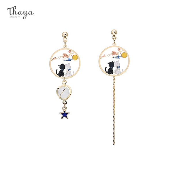 Boucles d'Oreilles Couple Chat Noir &amp; Blanc Thaya