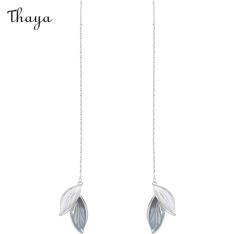 Thaya 925 Silver Long Chain  Leaf Earrings