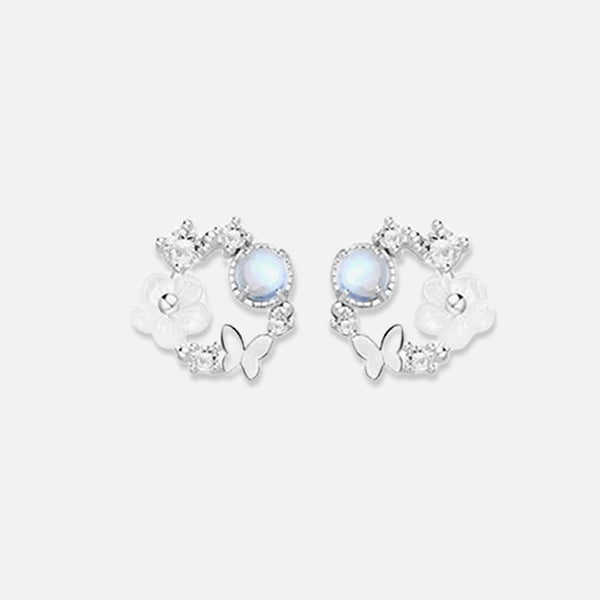 Thaya Boucles d'oreilles papillon en argent 925 avec fleur d'amour et pierre de lune