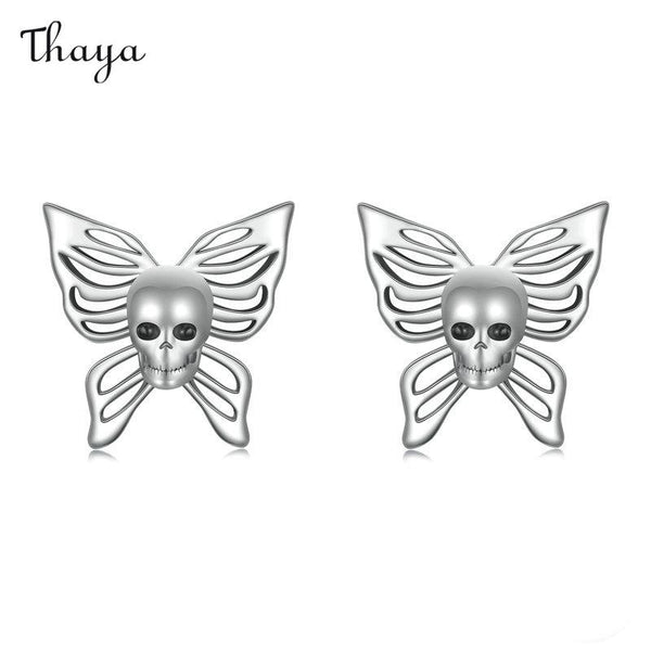 Boucles d'oreilles à tige en argent 925 Thaya en forme de tête de mort et de papillon