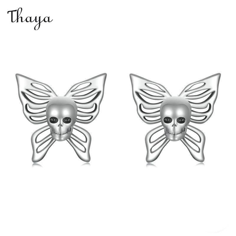 Boucles d'oreilles à tige en argent 925 Thaya en forme de tête de mort et de papillon