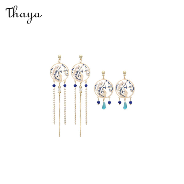 Thaya Blue Colorful Phoenix Retro Tassel Earrings Ear Clips