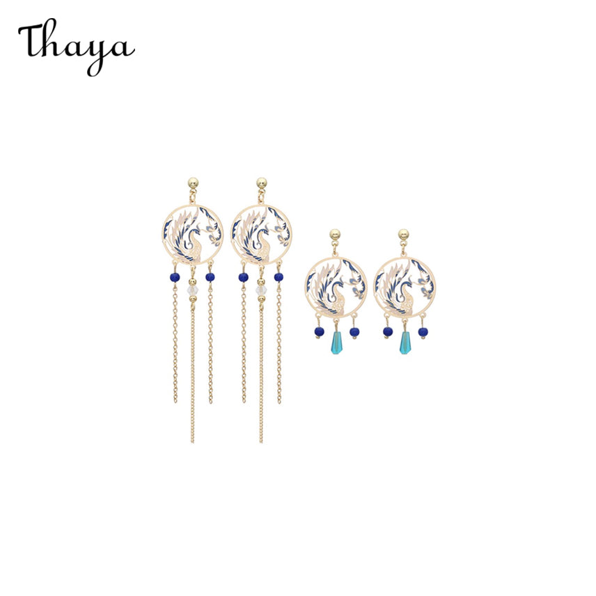 Thaya Blau Bunte Phoenix Retro Quasten Ohrringe Ohrclips