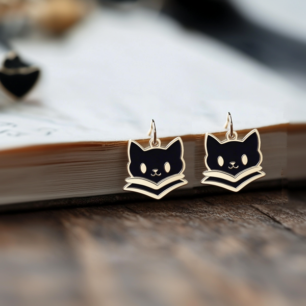 Thaya Black Reading Cat Earrings