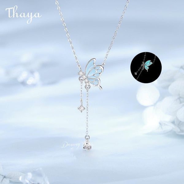 Thaya S925 Silver Luminous Enamel Dancing Butterfly Tassel Necklace