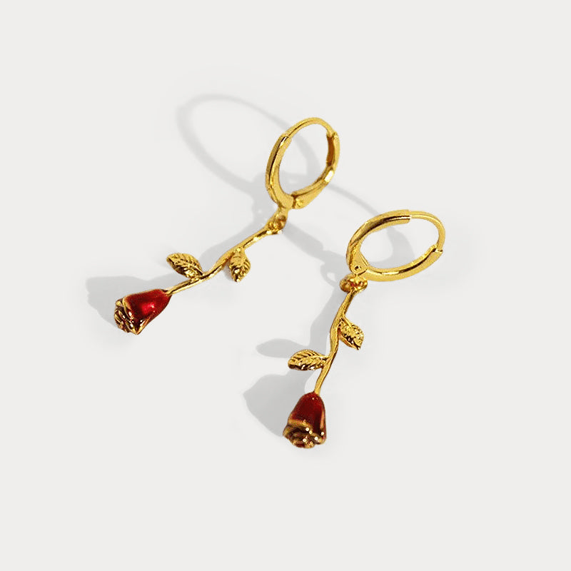 Thaya Red Enamel Drip Rose Pendant Earrings