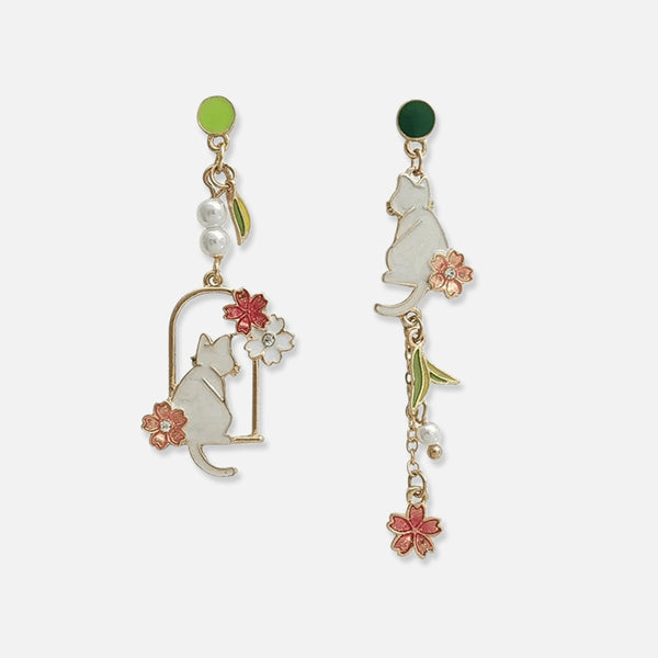 Thaya Cat Flower Asymmetrical Earrings