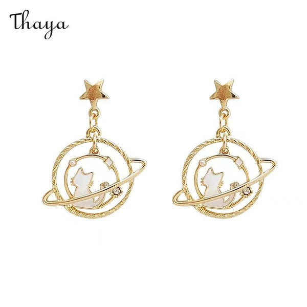 Thaya Planet Cat Dangle Earrings