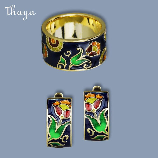 Thaya Vintage Enamel  18K Gold -plated  Flower Ring and Earring Set