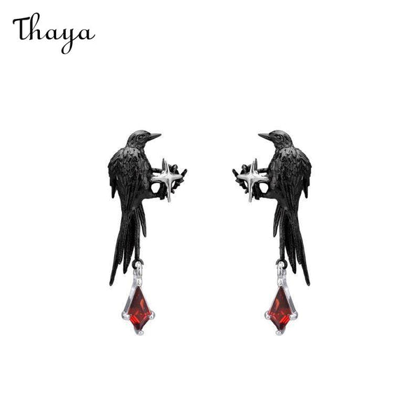 Thaya Crow with Star and Red Gemstone Earring