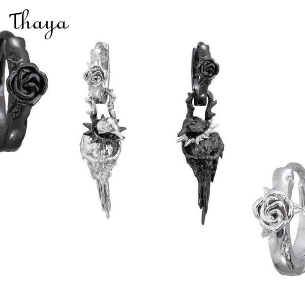 Thaya Detachable Rose and Crow Earrings