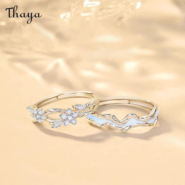 Thaya S925 Silver  Luminous Enamel Forget-me-not Flower Couple Rings