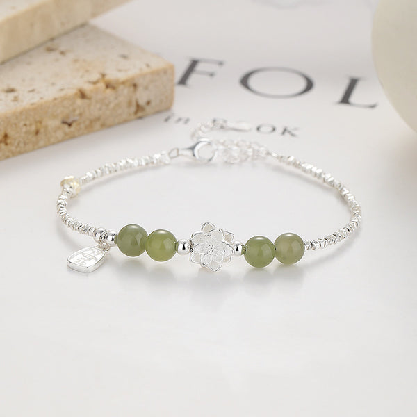 Thaya S925 Silver Good Luck Lotus Hetian Jade Beaded Bracelet