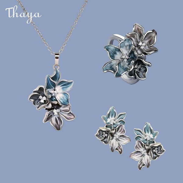 Thaya Elegant Enamel Blue Flower Jewelry Set