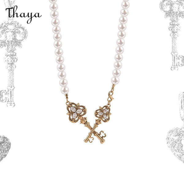 Thaya Love Lock Core  Embossed Cross Key Pearl Necklace