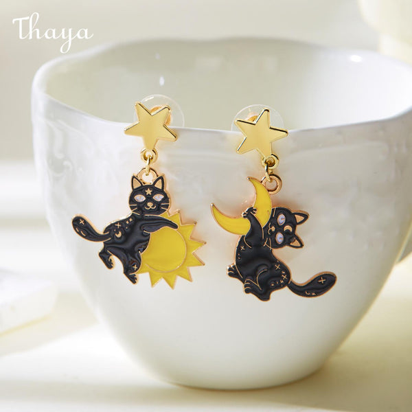 Thaya Cat and Moon/Sun Dangle Earrings