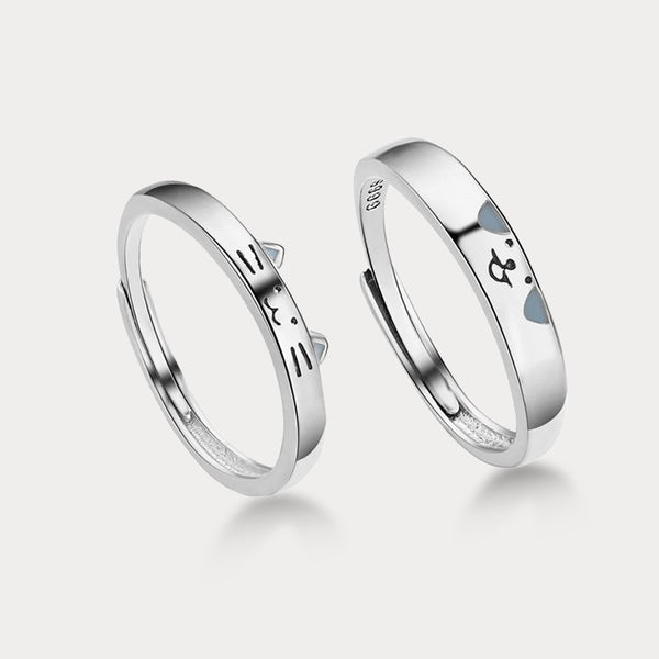 Thaya S999 Silver Luminous Cat and Dog Couple Rings