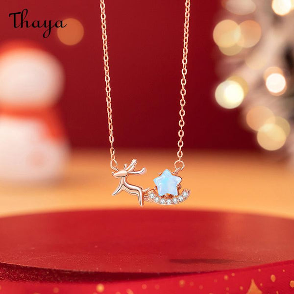 Thaya S925 Silver Reindeer Christmas Sleigh Necklace