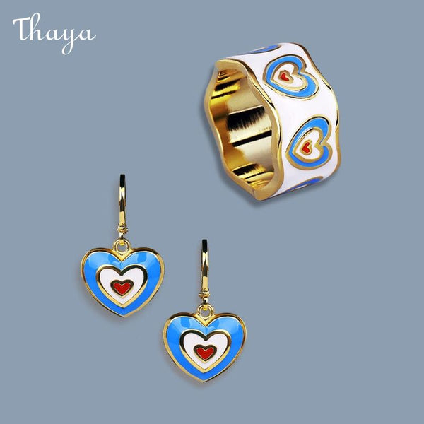 Thaya Enamel Heart Ring and Earrings Set