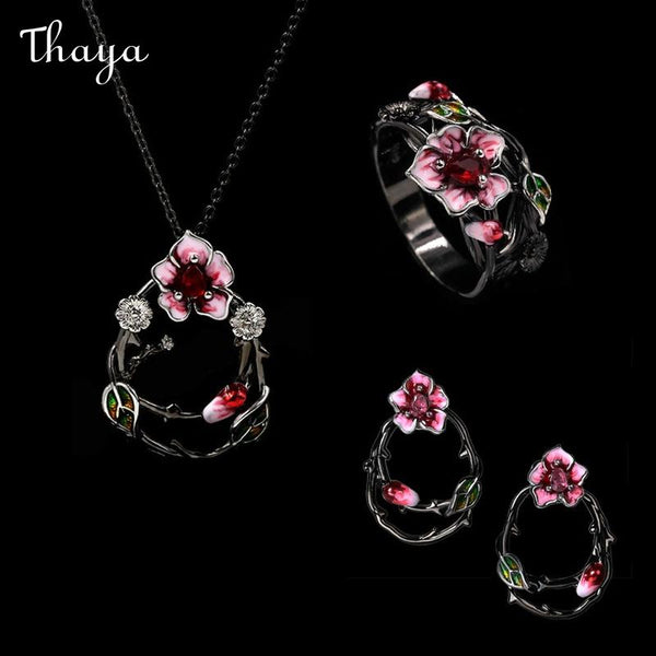 Thaya Enamel Black Gold-Plated Two-Color Dark Rose Ring Necklace Earrings Jewelry Set