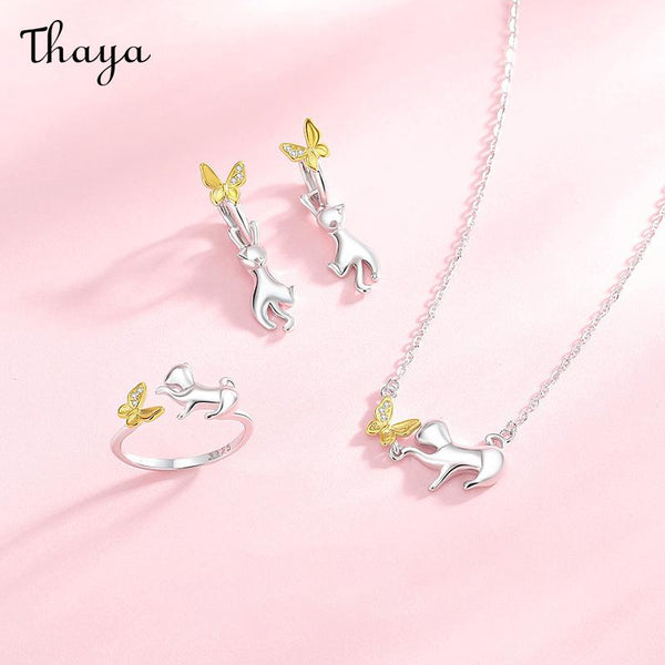 Thaya S925 Silver Cute Kitten  Butterfly Set