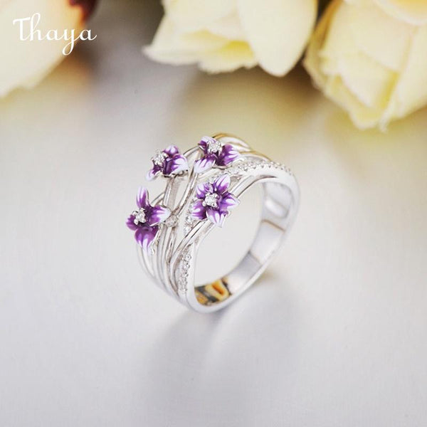 Thaya Enamel Violet  Flower Ring