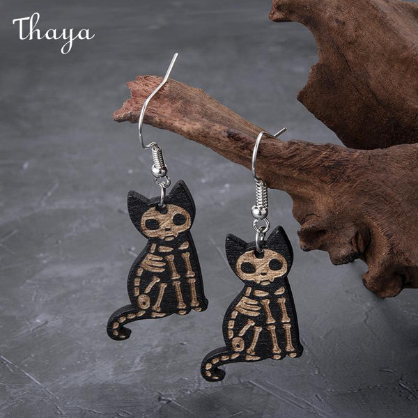 Thaya Skeleton Cat Wooden Dangle Earrings
