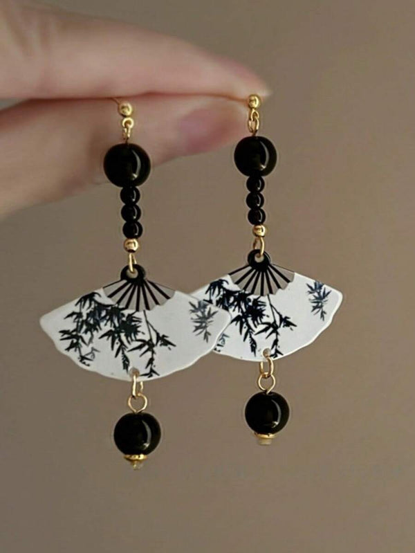 Thaya Long Silver Needle Ink Painting Fan Shaped Resin Earrings