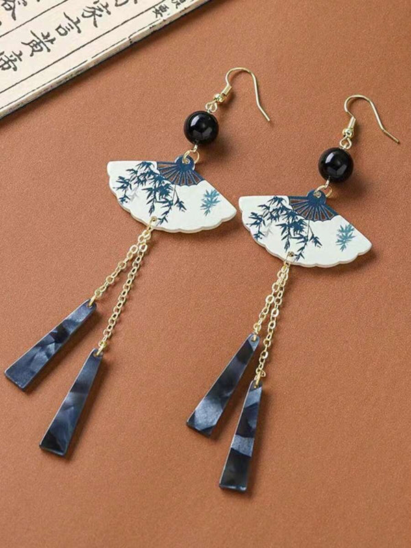 Thaya Ink Painting Sector-Shape Tassel Long Earrings