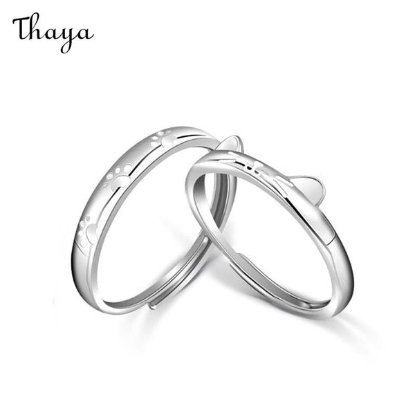 Thaya S925 Silver Luminous Cute Paw & Cat Couple Rings