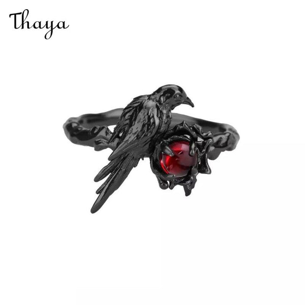 Thaya Raven Perched Ring with Red Stone