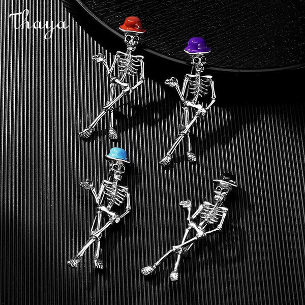 Thaya Halloween Skeleton Brooch with Hat