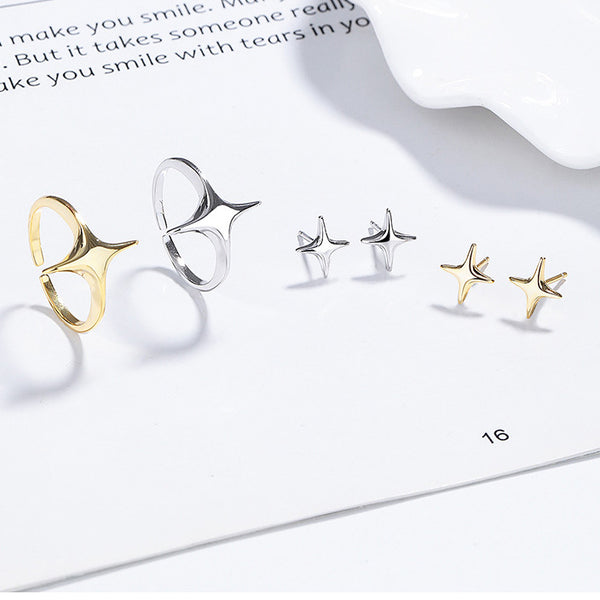 Thaya Polished Four-pointed Star Ring And Earring Set