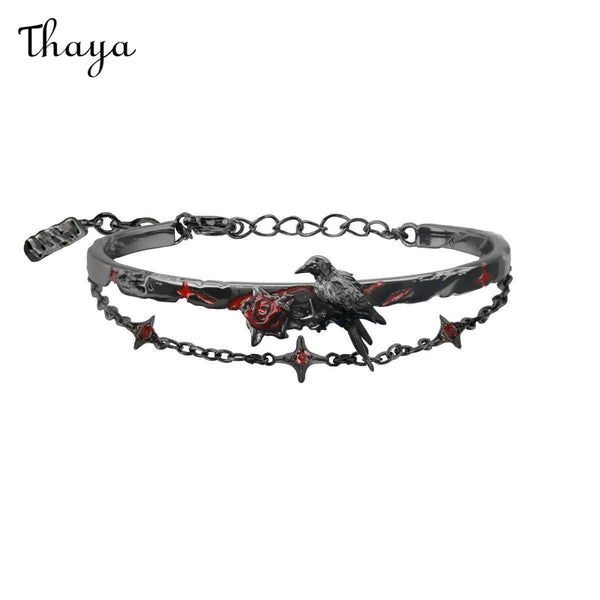 Thaya  Dark Crow & Rose Double zxcfgj4578- Layered Bracelet