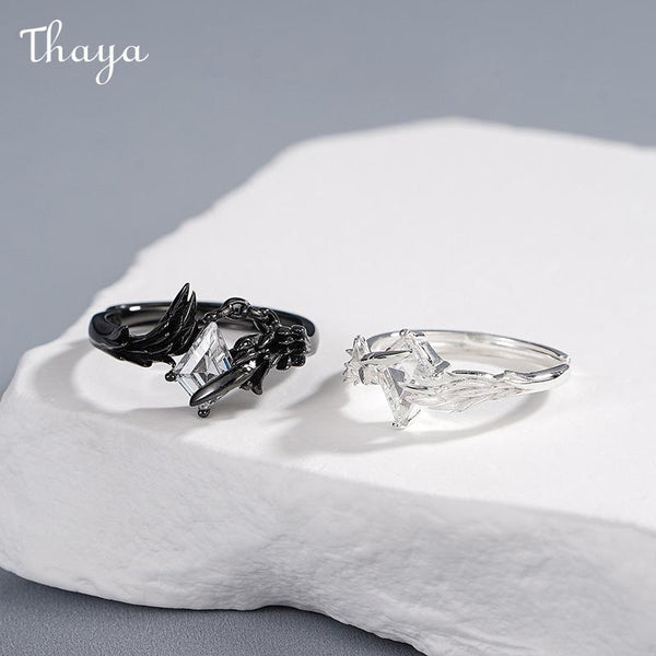 Thaya Doves and Crows S925 Silver White Dove Crow Feather Wing Couple Rings