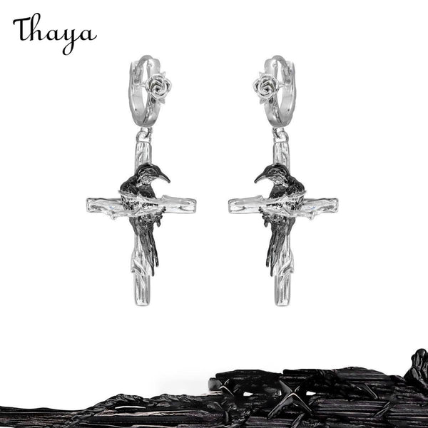 Thaya Cross and Crow  Dangle Earrings