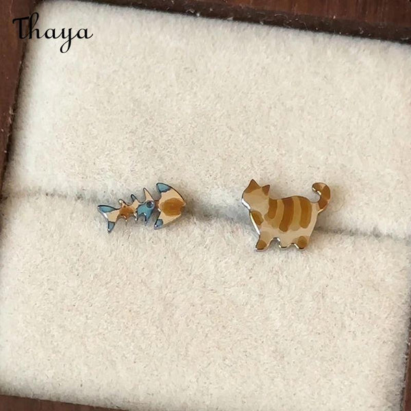 Thaya Cute Cat & Fishbone Earrings
