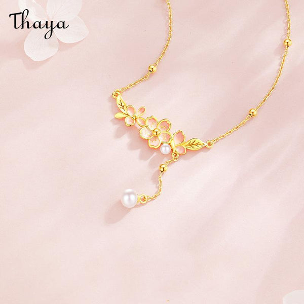 Thaya S925 Silver Luminous Enamel Cherry Blossom  Necklace & Bracelet